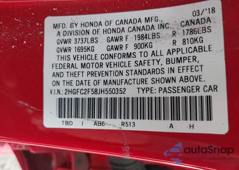 2018 Honda Civic Lx from USA, damaged, VIN 2HGFC2F58JH550352